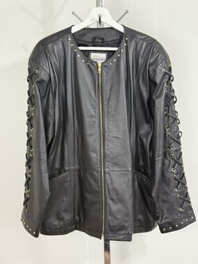 Vintage Women’s Black Leather Jacket Lace Up Studded Biker Y2K Punk Goth Size S